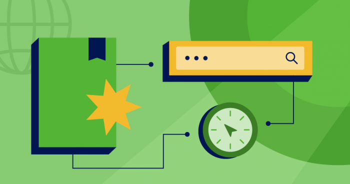 Icons of a notepad with a burst shape, a search bar, and a compass linked by lines on a green background.