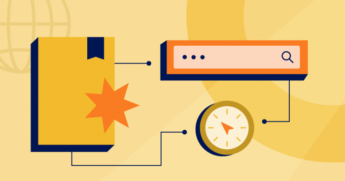 Icons of a notepad with a burst shape, a search bar, and a compass linked by lines on a yellow background.