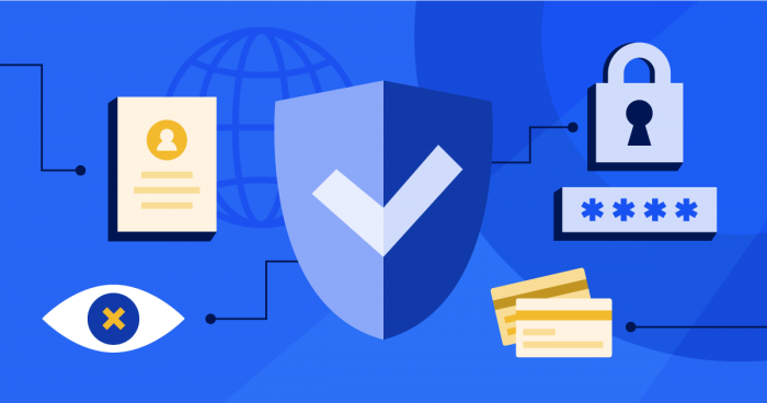 A graphic of privacy and security icons: a profile, shield, padlock, password, and credit cards, connected by lines on a blue background.