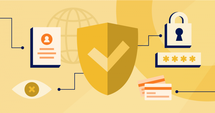 A graphic of privacy and security icons: a profile, shield, padlock, password, and credit cards, connected by lines on a yellow background.