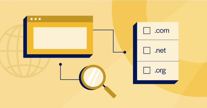 A stylized graphic of a web browser and a checklist with TLD options .com, .net, .org, with a search icon, all set against a yellow background.